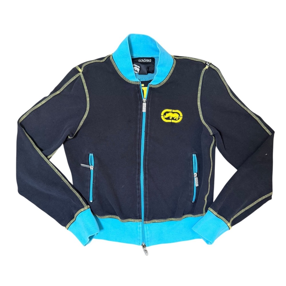 Ecko Red Womens Navy Blue Turquoise Full Zip Track Jacket Size M Y2K Rhino Logo